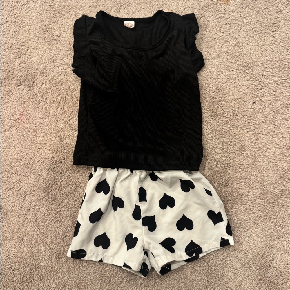 Black Top and Heart Print Shorts Set
